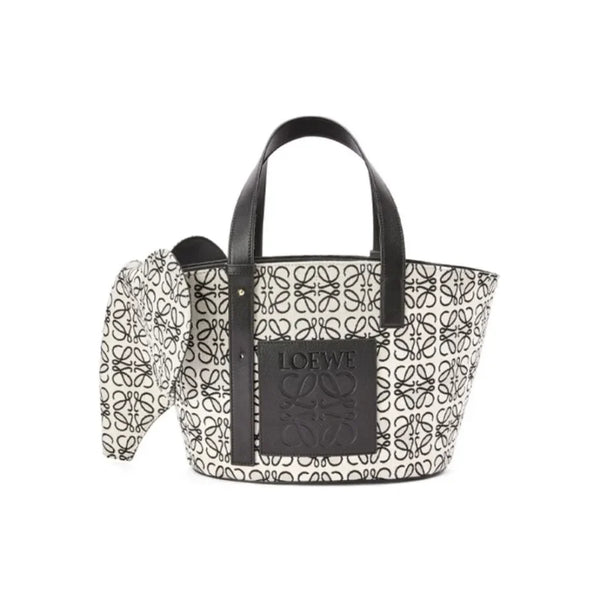 Loe*e Basket Anagram Jacquard Fabric Patchwork Cowhide Tote Bag