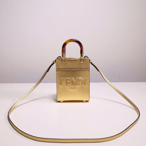 F*ndi Mini Sunshine Shopper Bag In Gold Laminated Leather